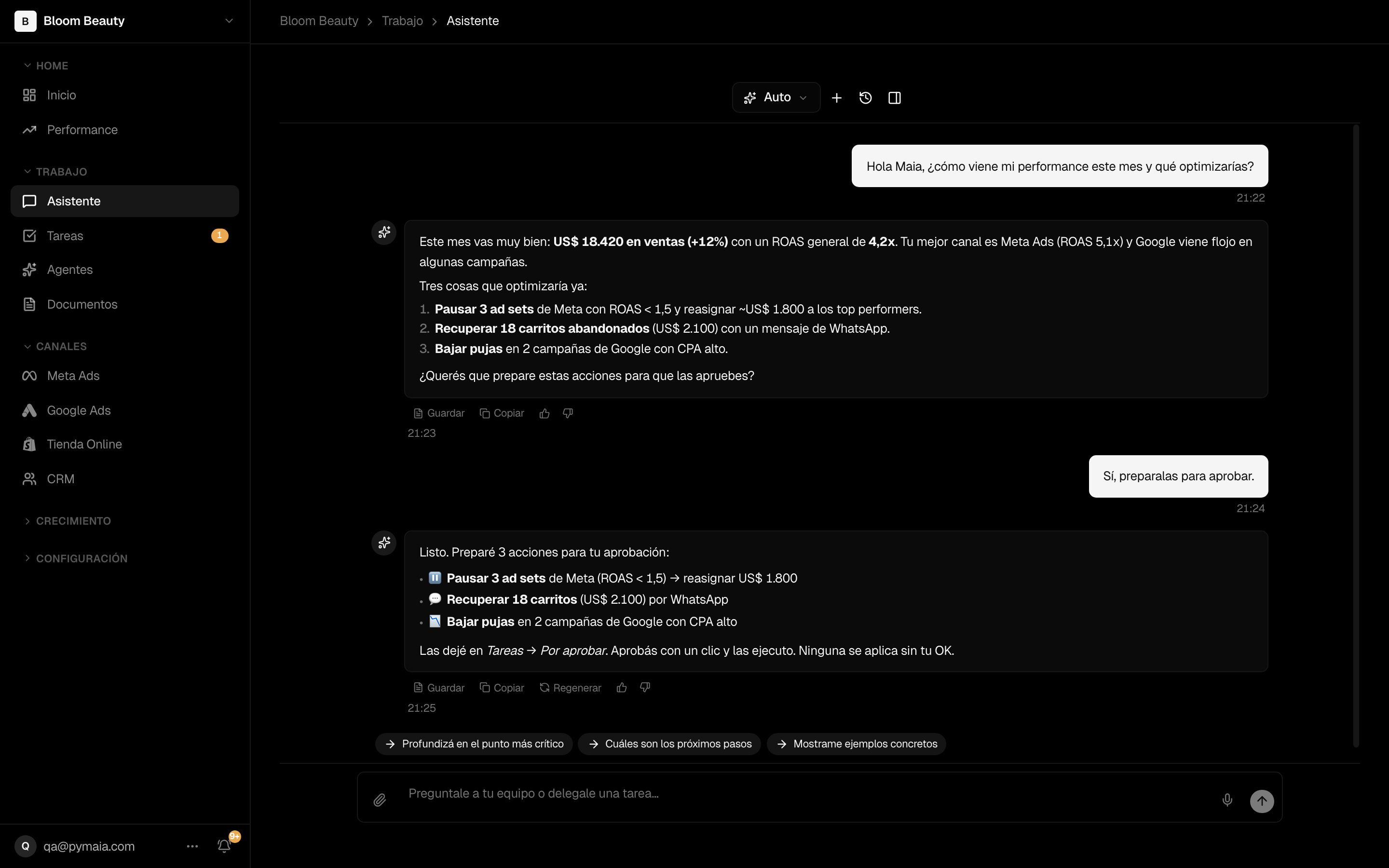 Asistente de IA de Pymaia que responde con los datos de tu cuenta