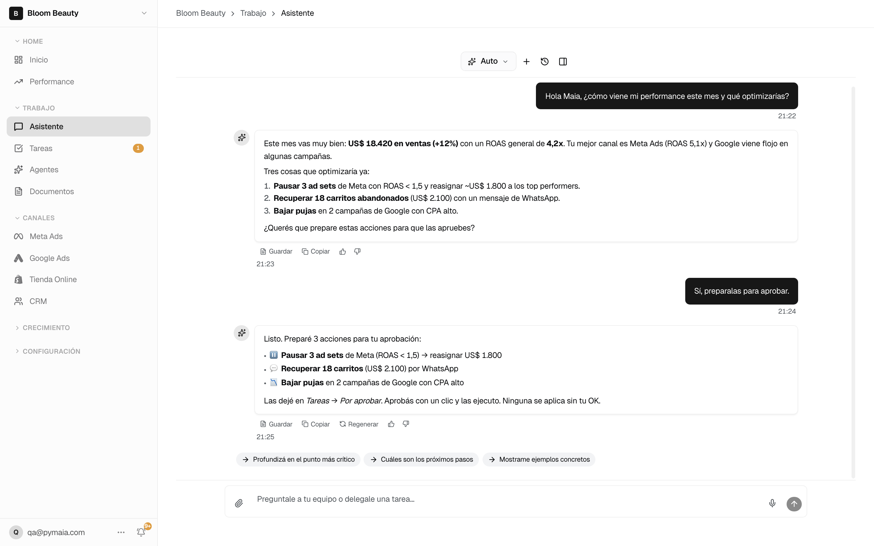 Asistente de IA de Pymaia que responde con los datos de tu cuenta